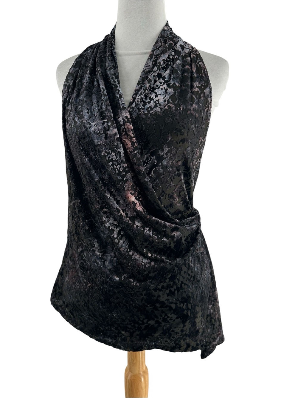 Zara Flocked Halter Top L Velvet Burnout Plunge V Neck Asymmetric Hem Whimsygoth